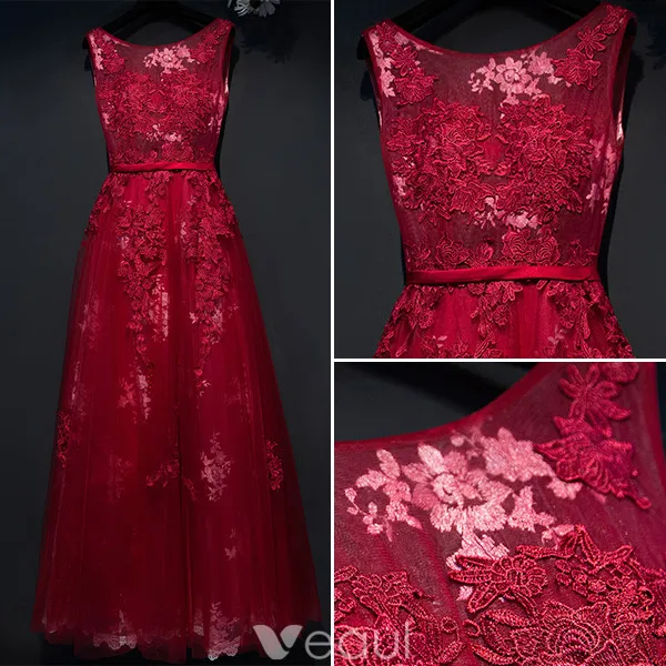 Glamorous Prom Dresses 2017 Scoop Neckline Applique Lace Burgundy Backless Dress