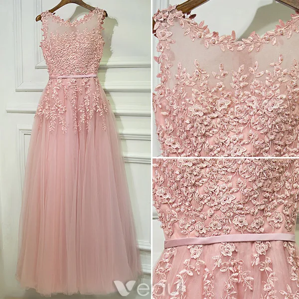 Aftonklänningar 2017 Halsringning Applikationer Spets Beading Pärla Rosa Lång Festklänning