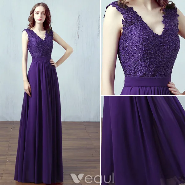 Robe De Soirée De Couleur Unie 2017 Conception Simple Applique Dentelle Robe Pourpre Robe Longue