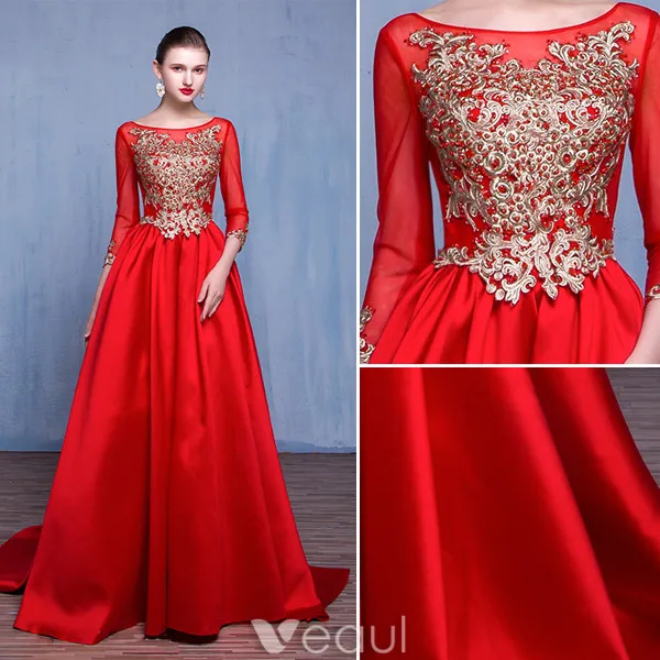 Beautiful Prom Dresses 2017 Scoop Neck Embroidered Gold Flower Ruffle Red Satin Dress