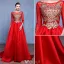 Beautiful Prom Dresses 2017 Scoop Neck Embroidered Gold Flower Ruffle Red Satin Dress