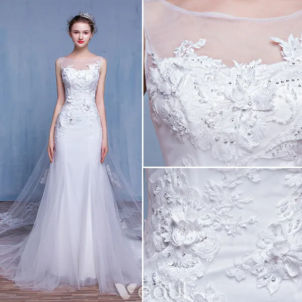 Glamorous Mermaid Wedding Dresses 2017 Square Neckline Applique Lace Beading Rhinestones Bridal Gowns With 100 Cm Train