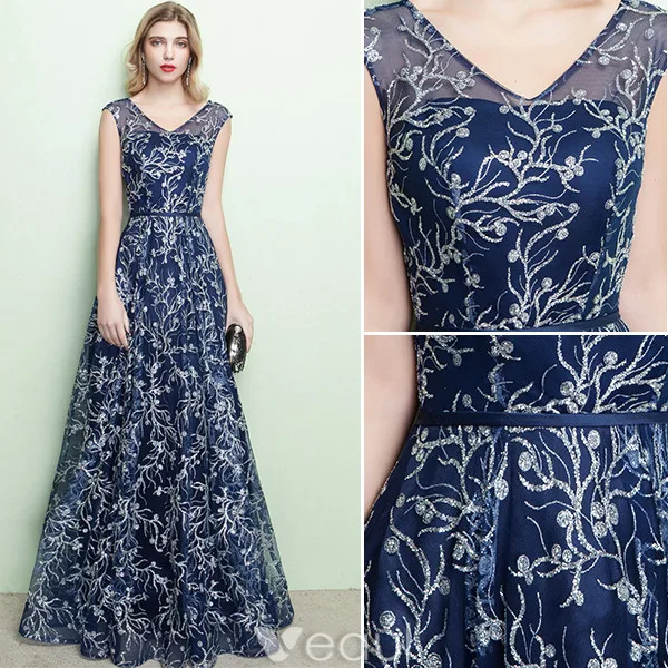 Robe De Soirée Brillantes 2017 V-cou Brodé Brodé Bleu Marine Robe Bleue