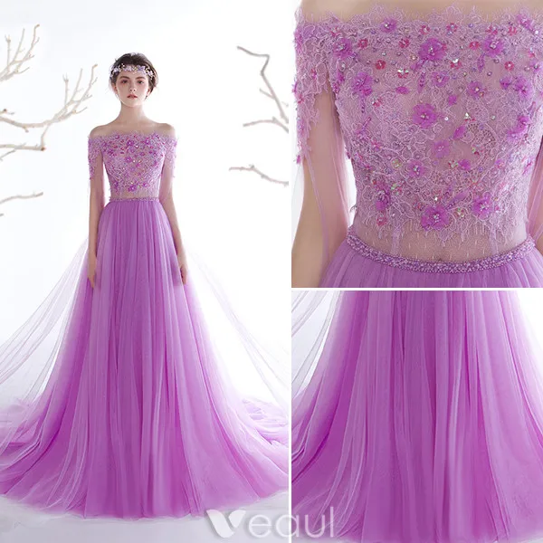 Glamorous Evening Dresses 2017 Off The Shoulder Applique Flowers Beading Rhinestones Dress With Long Sleeves Train