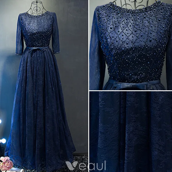 Glitter Prom Dresses 2017 Beading Scoop Neckline Navy Blue Lace Dress With Bow Sash