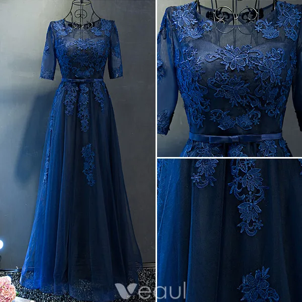 Elegant Evening Dresses 2017 Scoop Neckline Applique Lace Navy Blue Dress