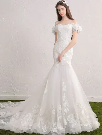 Élégante Sirène Robes De Mariée 2017 De La Dentelle Applique Épaule Et Fleurs Robe De Mariée