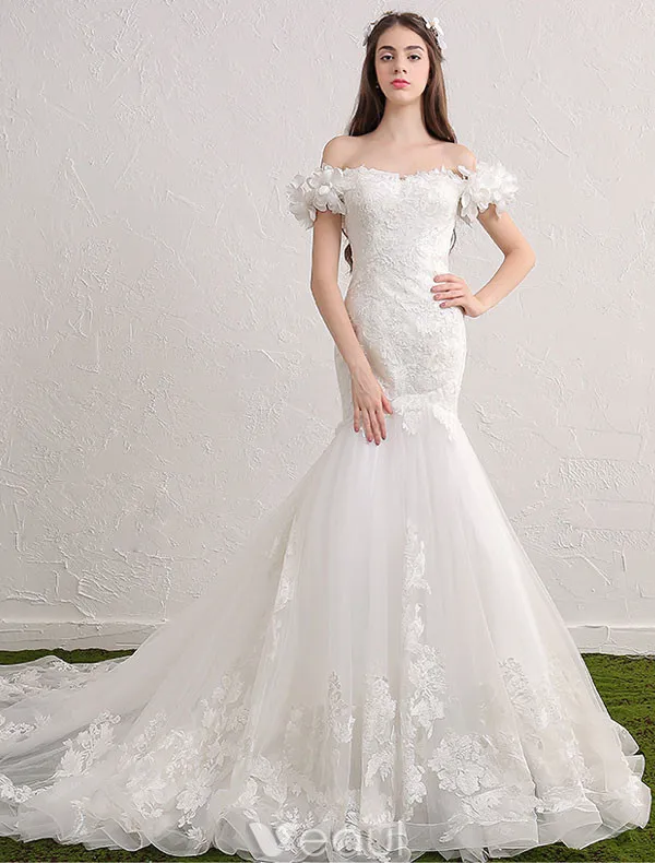 Elegante Nixe Hochzeitskleider 2017 Weg Von Der Schulter Applique Spitze Und Blumen Brautkleider