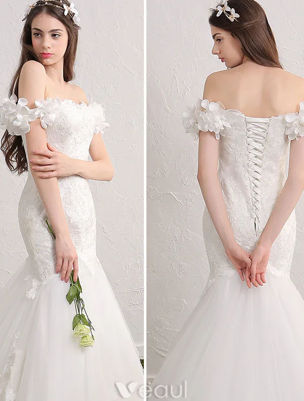 Elegante Nixe Hochzeitskleider 2017 Weg Von Der Schulter Applique Spitze Und Blumen Brautkleider