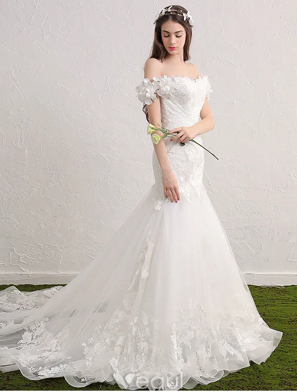 Elegante Nixe Hochzeitskleider 2017 Weg Von Der Schulter Applique Spitze Und Blumen Brautkleider