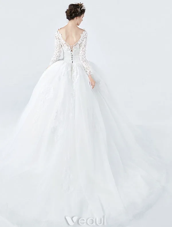 Elegant Wedding Dresses 2017 V-neck Applique Lace Ball Gown Bridal Gowns With Sleeves