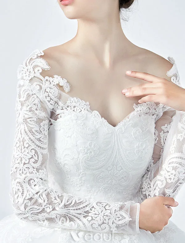 Elegant Wedding Dresses 2017 V-neck Applique Lace Ball Gown Bridal Gowns With Sleeves
