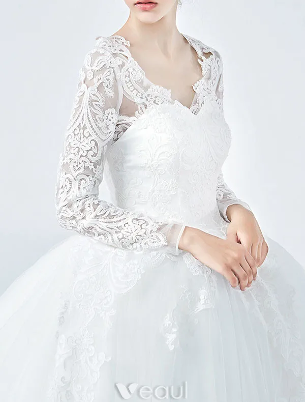 Elegant Wedding Dresses 2017 V-neck Applique Lace Ball Gown Bridal Gowns With Sleeves