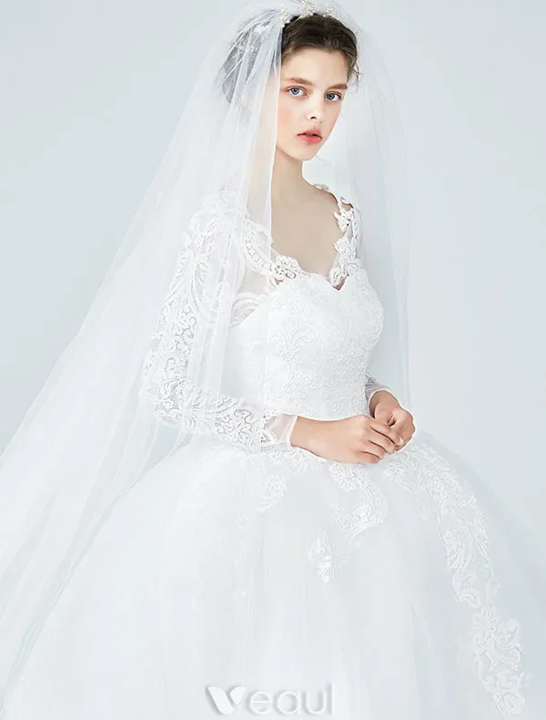 Elegant Wedding Dresses 2017 V-neck Applique Lace Ball Gown Bridal Gowns With Sleeves