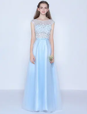 Belle Robe De Soirée Longue Bleue Dentelle Sans Manches Robe Ceremonie
