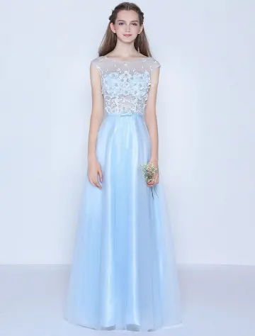 Belle Robe De Soirée Longue Bleue Dentelle Sans Manches Robe Ceremonie