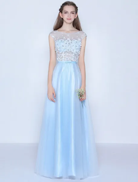 Schönes Blaues Abendkleid Sleeveless Spitze Langes Festliche Kleid