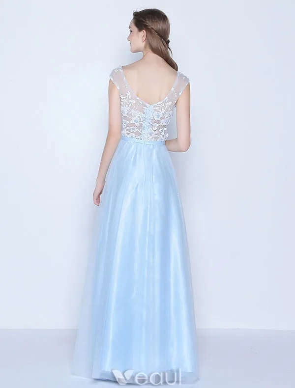 Belle Robe De Soirée Longue Bleue Dentelle Sans Manches Robe Ceremonie