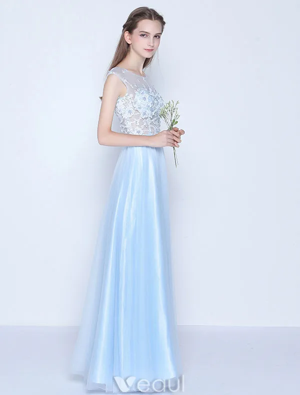 Belle Robe De Soirée Longue Bleue Dentelle Sans Manches Robe Ceremonie