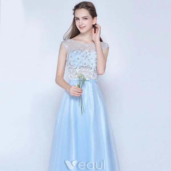 Belle Robe De Soirée Longue Bleue Dentelle Sans Manches Robe Ceremonie
