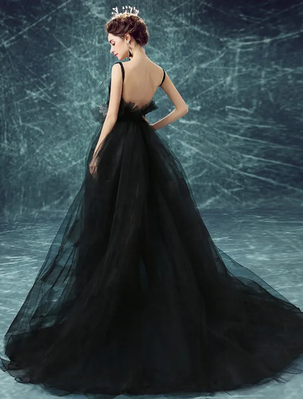 Glamorous Prom Dresses 2017 Deep V-neck Backless Black Tulle Dress