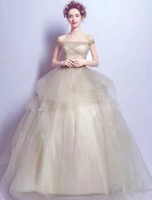 Elegante Ballkleider 2017 Weg Von Der Schulter Rüsche Champagner Tüll Kleid