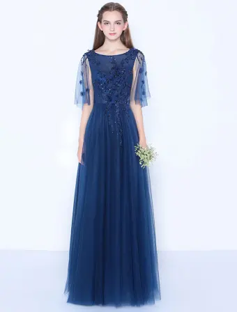 Sexy Robe De Soirée Bleue Appliques Dentelle Longue Robe De Ceremonie Dos Nu