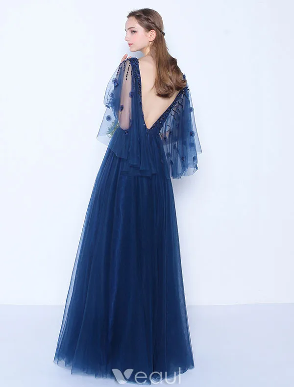 Sexy Blue Evening Dress Appliques Lace Long Formal Dress Backless