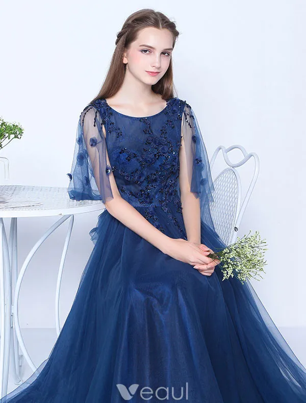 Sexy Blue Evening Dress Appliques Lace Long Formal Dress Backless