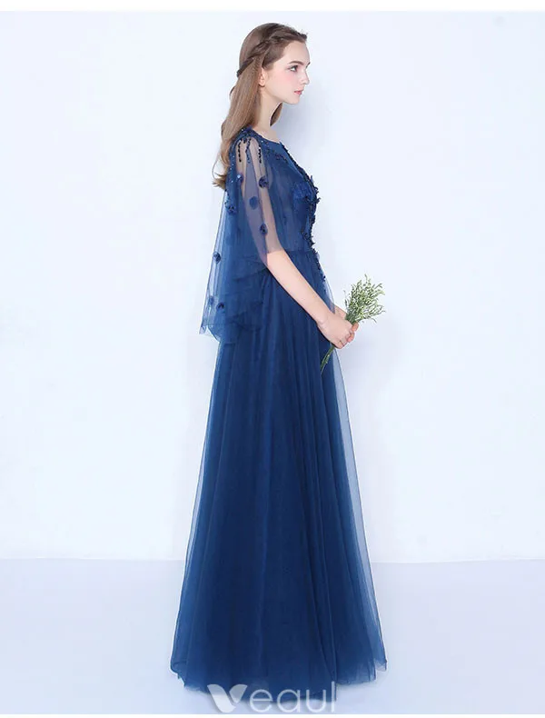 Sexy Blue Evening Dress Appliques Lace Long Formal Dress Backless