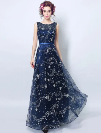 Sparkly Abendkleider 2017 Schaufelausschnitt Marineblau Tulle Langes Kleid