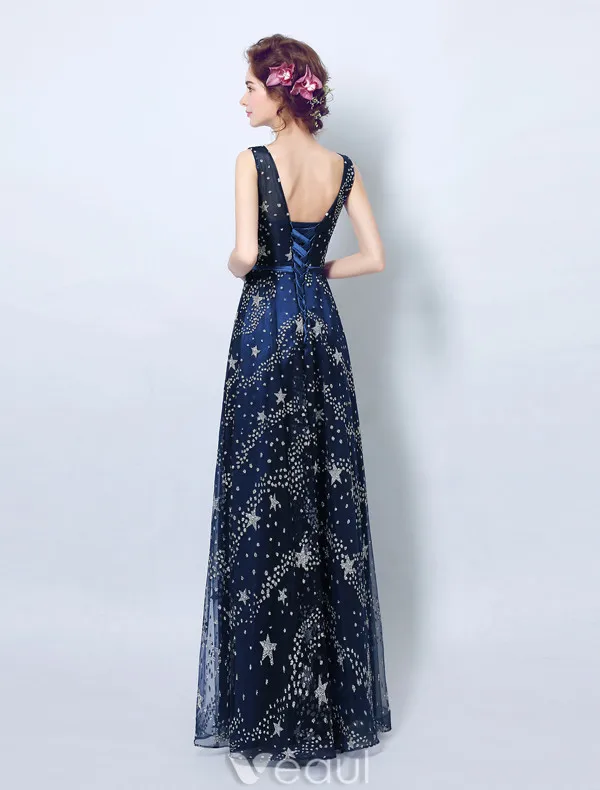 Sparkly Evening Dresses 2017 Scoop Neckline Navy Blue Tulle Long Dress