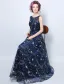 Sparkly Evening Dresses 2017 Scoop Neckline Navy Blue Tulle Long Dress
