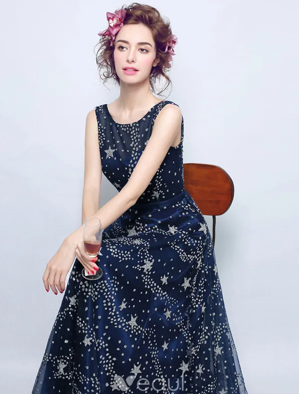 Sparkly Evening Dresses 2017 Scoop Neckline Navy Blue Tulle Long Dress