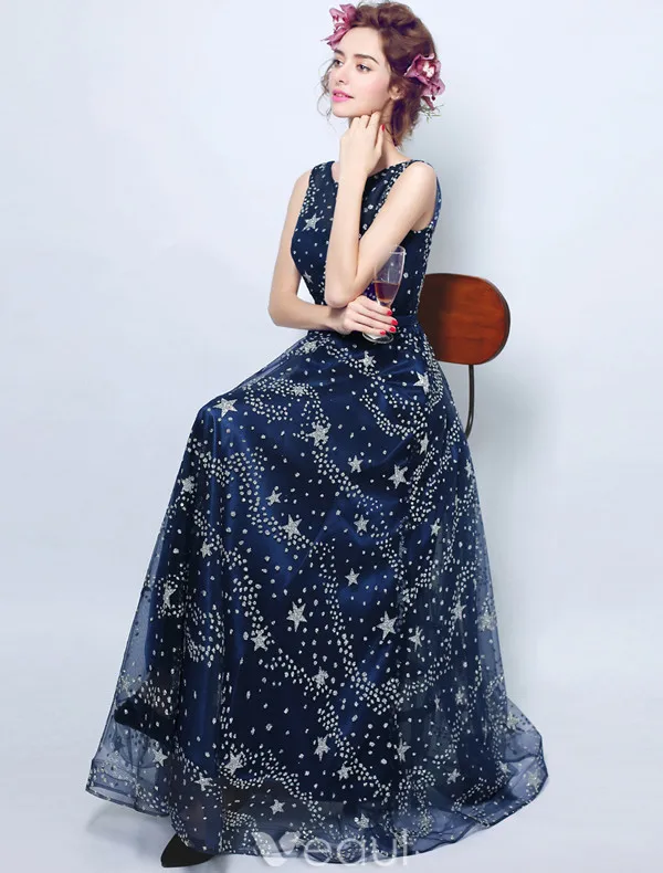 Sparkly Evening Dresses 2017 Scoop Neckline Navy Blue Tulle Long Dress