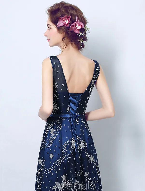 Sparkly Evening Dresses 2017 Scoop Neckline Navy Blue Tulle Long Dress