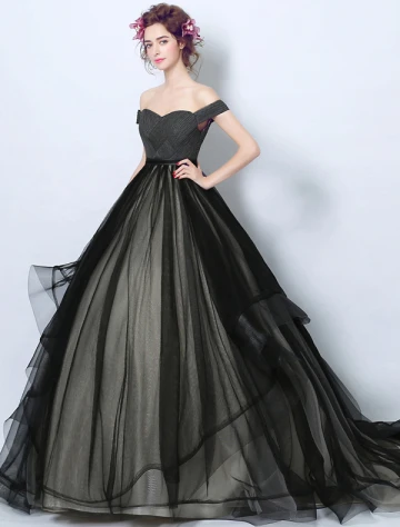 Elegant Prom Dresses 2017 Off The Shoulder Ruffle Black Champagne Tulle Dress