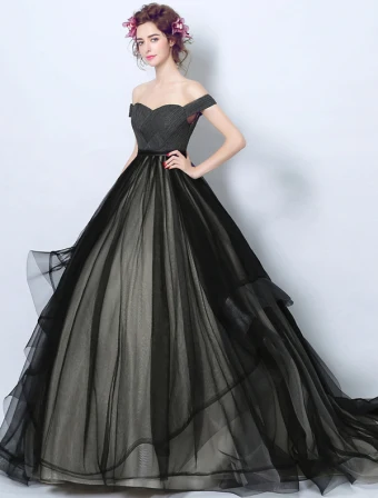 Elegante Ballkleider 2017 Weg Von Der Schulter Rüsche Schwarz Champagner Tüll Kleid
