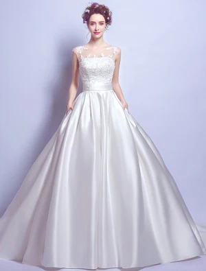 Beautiful Wedding Dresses 2017 Scoop Neckline Sleeveless Ruffle White Satin Bridal Gowns With Pockets