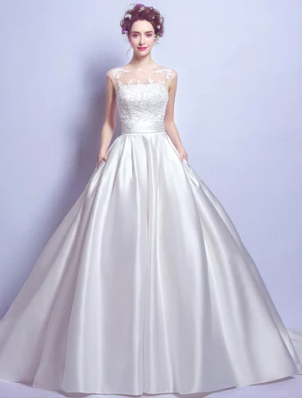 Robe De Mariée Belle 2017 Scoop Décolleté Manches Volants Blanc Satin Robes De Mariée Avec Des Poches
