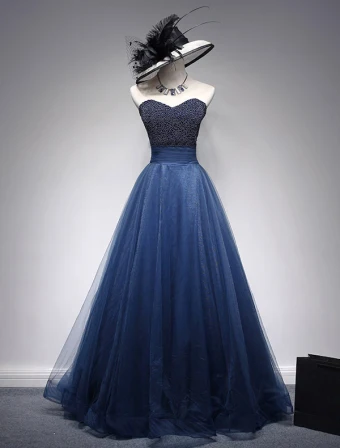 Beautiful Prom Dresses 2016 Beading Sweetheart Neckline Ruffle Navy Blue Tulle Dress