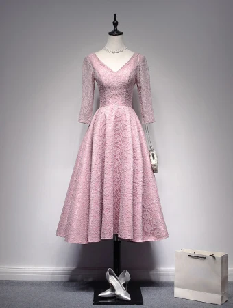 Beautiful Evening Dresses 2017 V Neck Backless Pink Tea Length Lace Dress