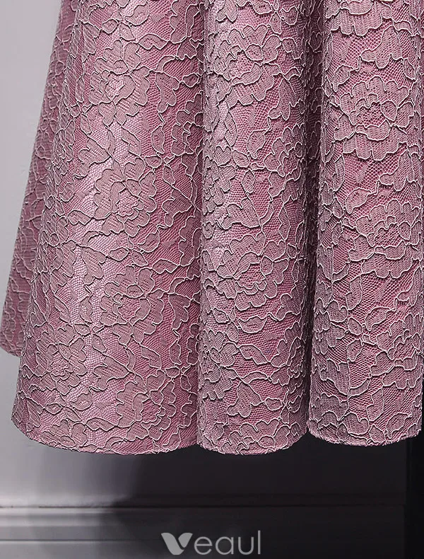 Beautiful Evening Dresses 2017 V-neck Backless Pink Tea Length Lace Dress