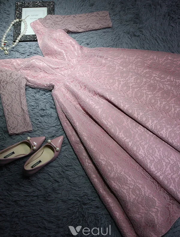 Beautiful Evening Dresses 2017 V-neck Backless Pink Tea Length Lace Dress