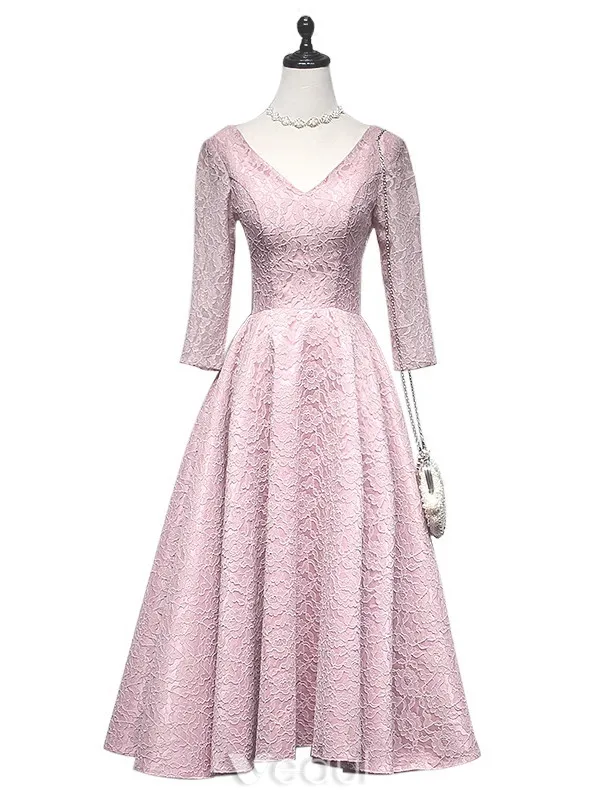 Beautiful Evening Dresses 2017 V-neck Backless Pink Tea Length Lace Dress