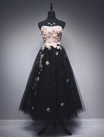 Beautiful Prom Dresses 2017 Strapless Applique Lace And Flowers Ruffled Black Tulle Dress