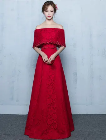 Elegant Long Evening Dress Burgundy Lace Off The Shoulder Formal Dress With Half Sleeves