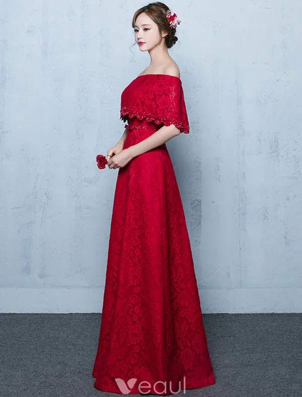 Elegant Long Evening Dress Burgundy Lace Off The Shoulder Formal Dress With Half Sleeves