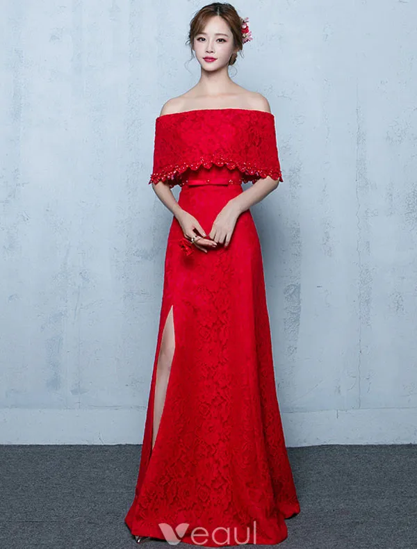 Elegant Long Evening Dress Burgundy Lace Off The Shoulder Formal Dress With Half Sleeves