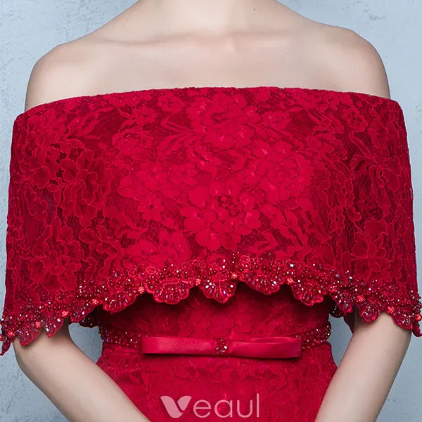 Elegant Long Evening Dress Burgundy Lace Off The Shoulder Formal Dress With Half Sleeves